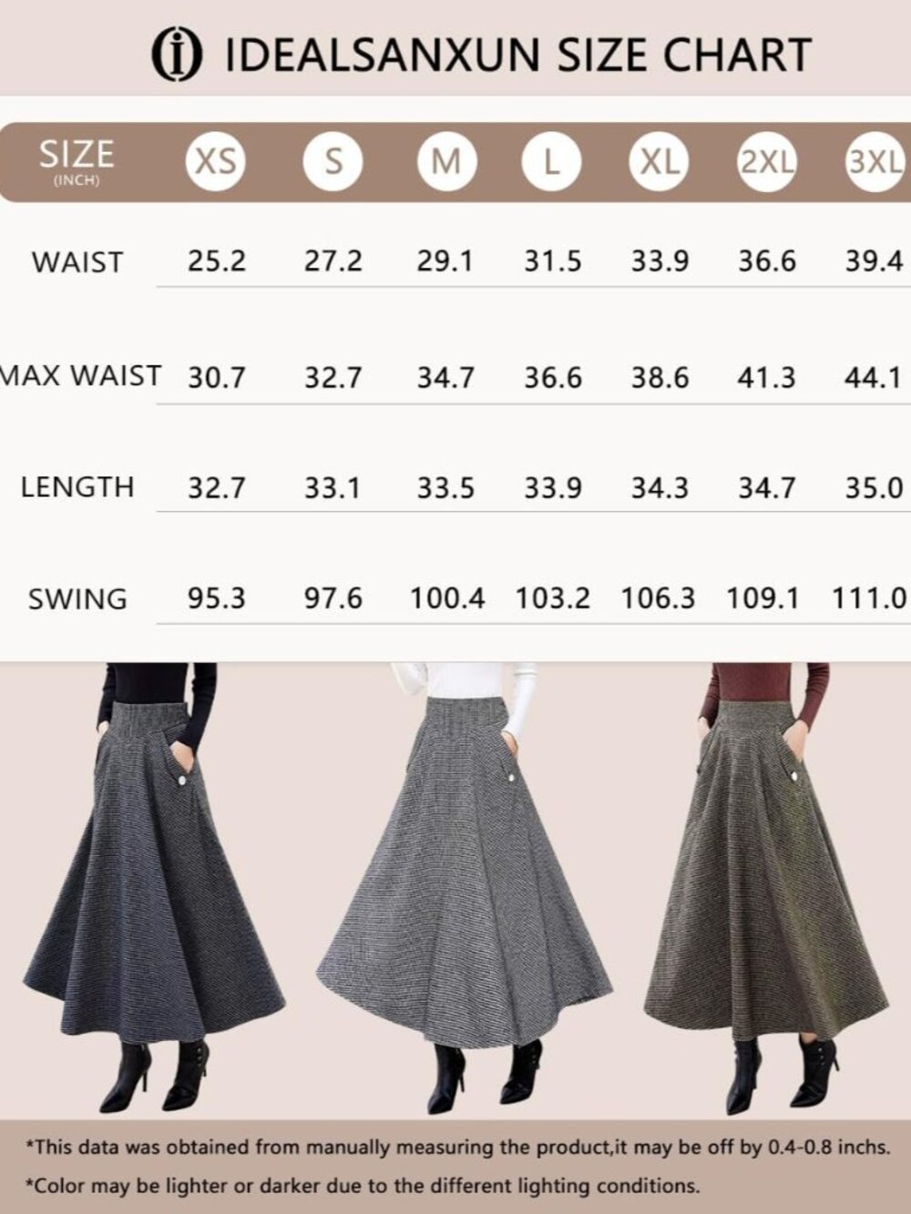 Women's Khaki Fall Winter High Waisted Wool Plaid A-line Long Pocket Maxi Skirt - Picture 6 of 6